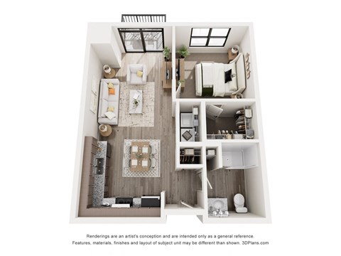 Floor plan for 1 bed, 1 bath, 697 sqft
